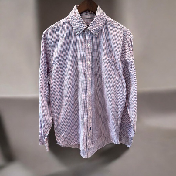 Johnnie O Men's Plaid Check Button Down Long Sleeve Shirt Size L Raspberry Blue - Picture 1 of 7